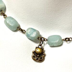 Natural Light Teal Amazonite Necklace, Bronze Fortune Cat + Genuine Gemstone